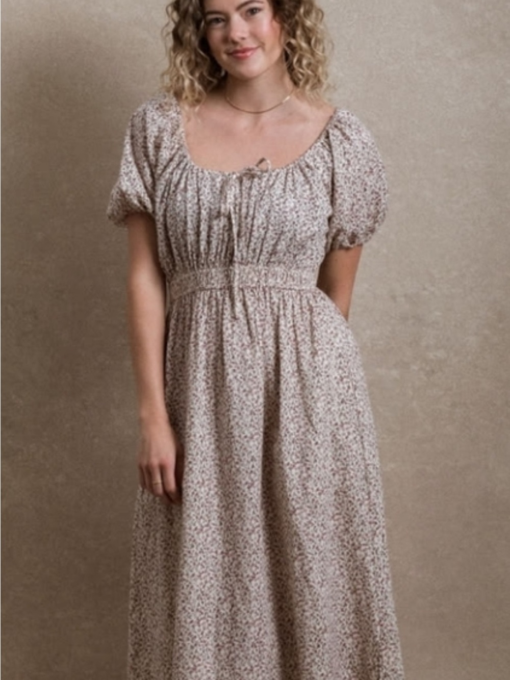 Smocked Waist Floral Midi Dress in Light Beige
